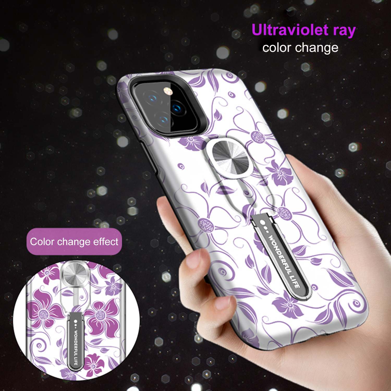 Color-changing Pattern Printing Kickstand Hybrid Case with Finger Ring Holder for iPhone 11 Pro Max 6.5 inch (2019) - Purple Flower Vine-2