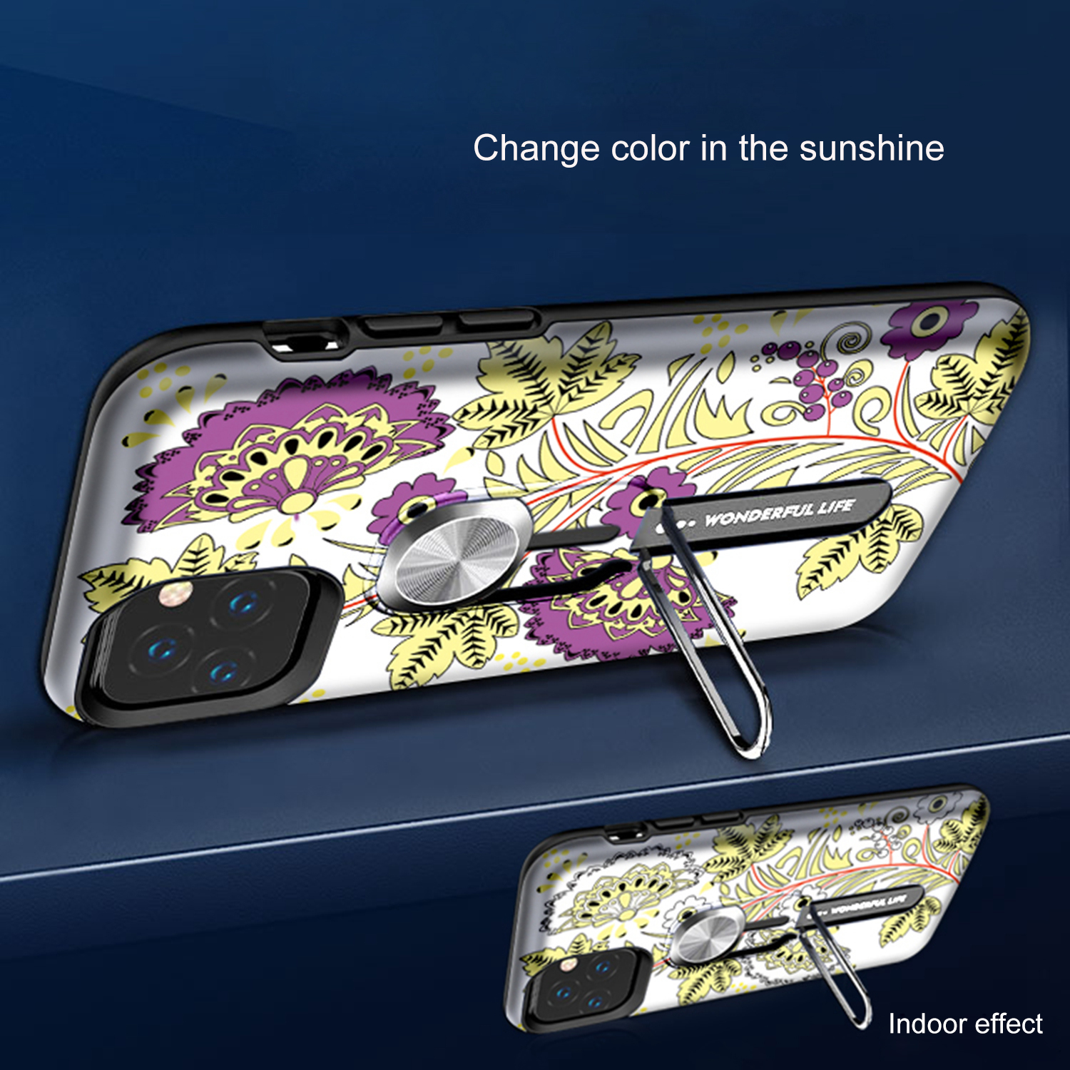 Color-changing Pattern Printing Kickstand Hybrid Case with Finger Ring Holder for iPhone 11 Pro Max 6.5 inch (2019) - Yellow Flower-4