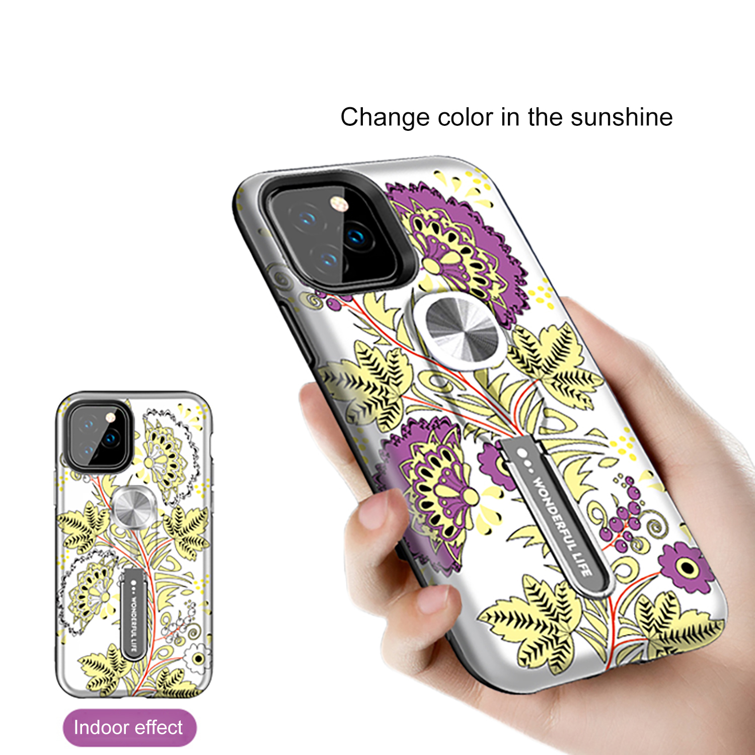 Color-changing Pattern Printing Kickstand Hybrid Case with Finger Ring Holder for iPhone 11 Pro Max 6.5 inch (2019) - Yellow Flower-5