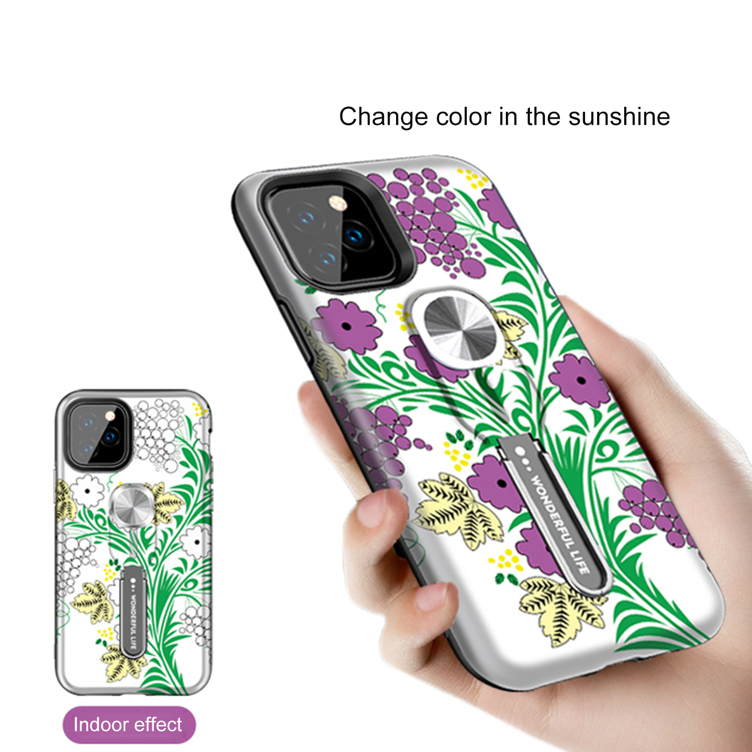 Color-changing Pattern Printing Kickstand Hybrid Case with Finger Ring Holder for iPhone 11 Pro Max 6.5 inch (2019) - Green Plant-5