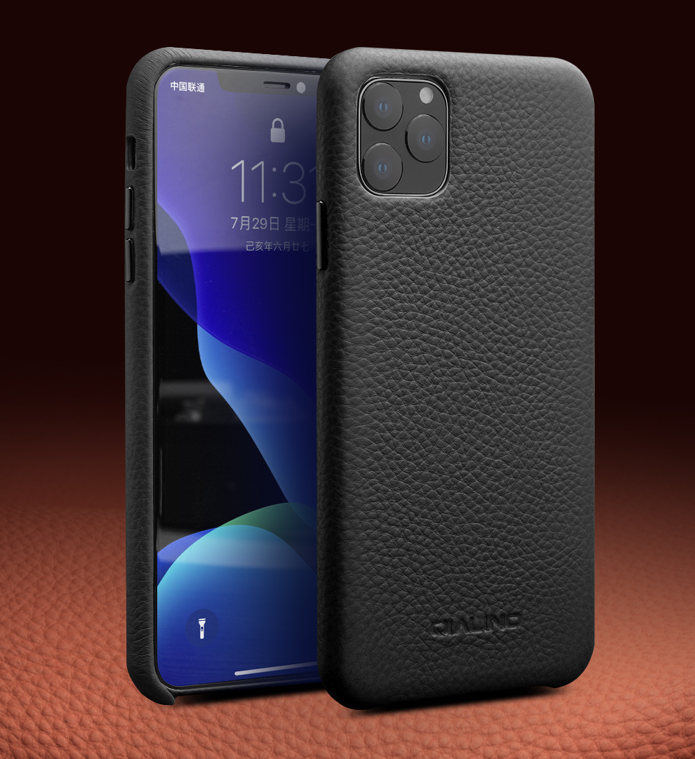 Qialino Litchi Textura de Couro Genuíno Capa Para Iphone 11 Pro 5,8 Polegadas (2019) - Preto