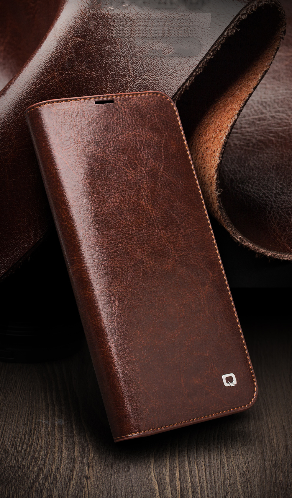 Qialino Para IPhone 11 6.1 Pulgadas Funda Telefónica Genuine Cowhide Cuero Cartera Cubierta Protectora Shell - Marrón