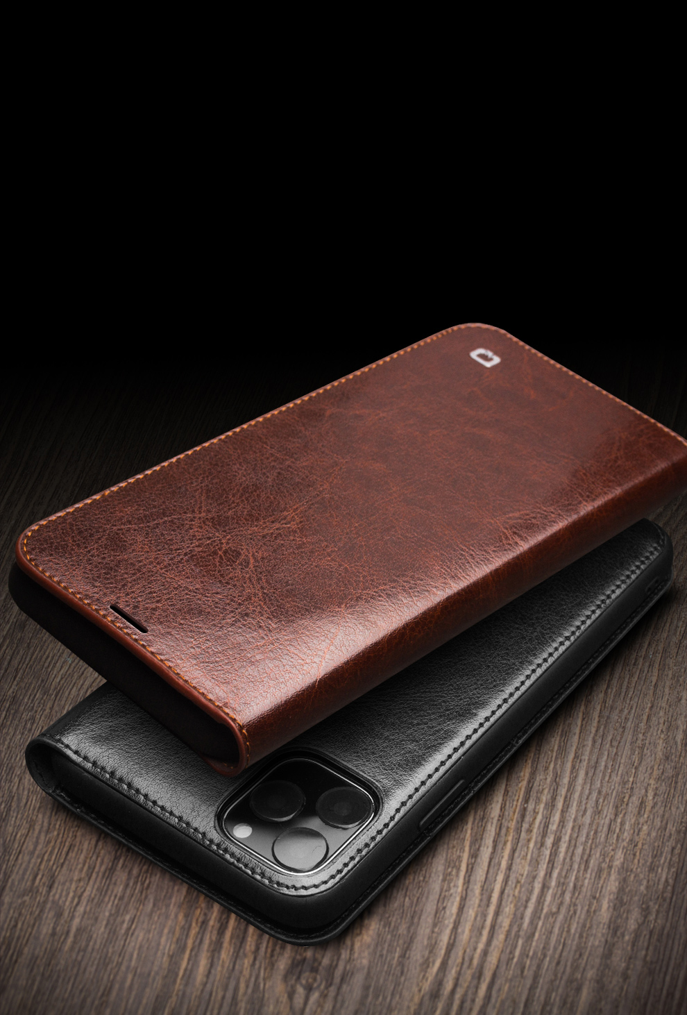 Qialino Para IPhone 11 6.1 Pulgadas Funda Telefónica Genuine Cowhide Cuero Cartera Cubierta Protectora Shell - Marrón