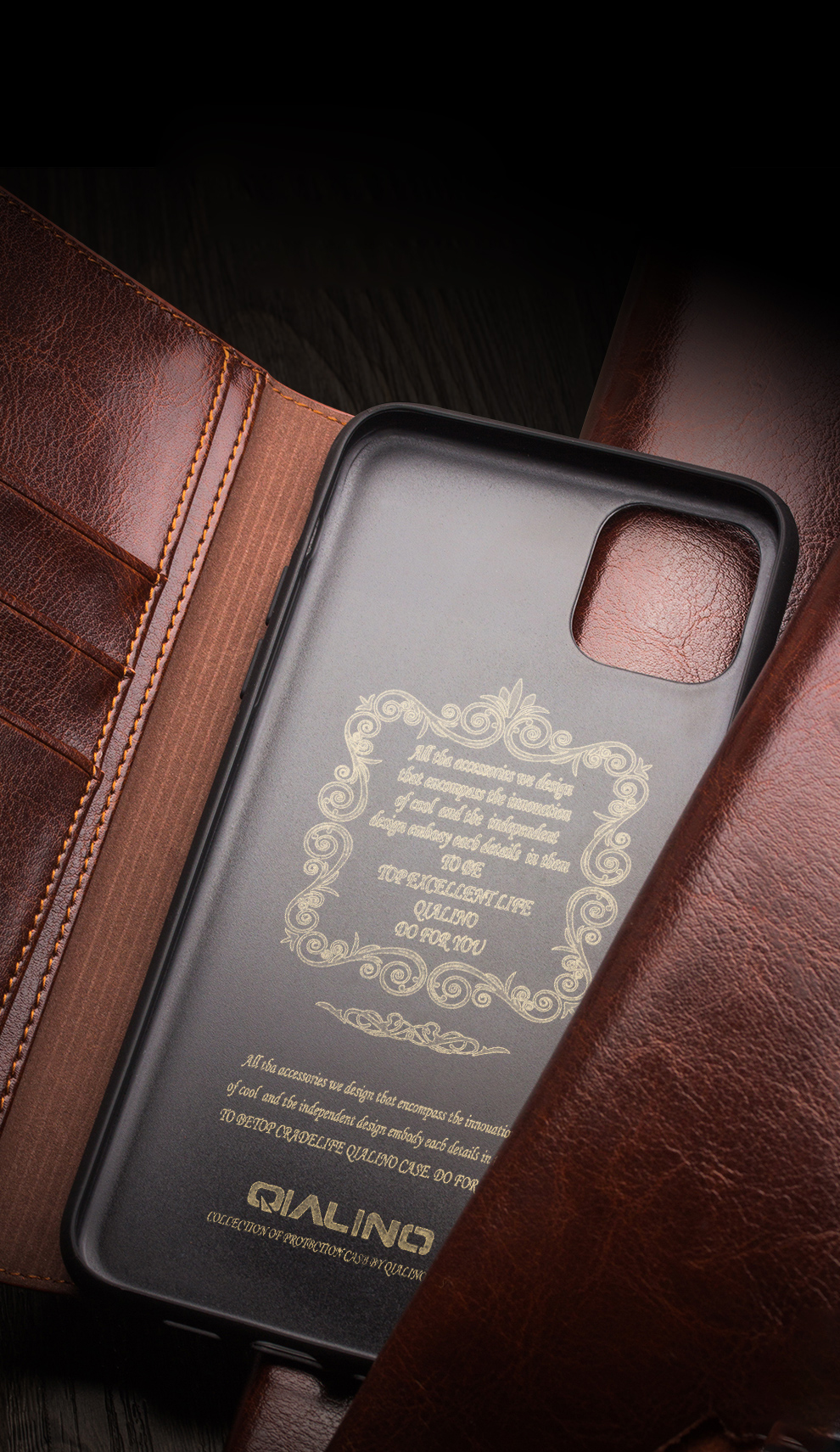 Qialino Para IPhone 11 6.1 Pulgadas Funda Telefónica Genuine Cowhide Cuero Cartera Cubierta Protectora Shell - Marrón