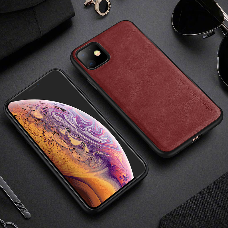 X-legle Nível Vintage PU Concaminhe o Celular TPU Capa Para Iphone 11 de 6,1 Polegadas - Castanho