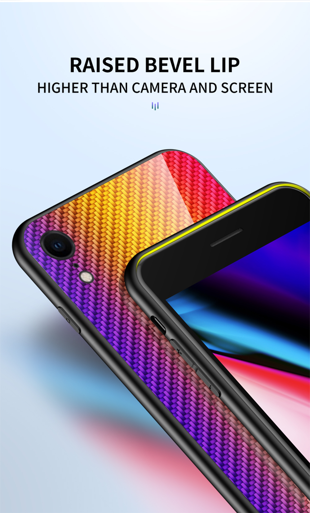 Vetro Temperato Con Texture in Fibra di Carbonio + PC + TPU Ibrido Telefono Copertura Per Iphone XR 6,1 Pollici - Viola / Blu