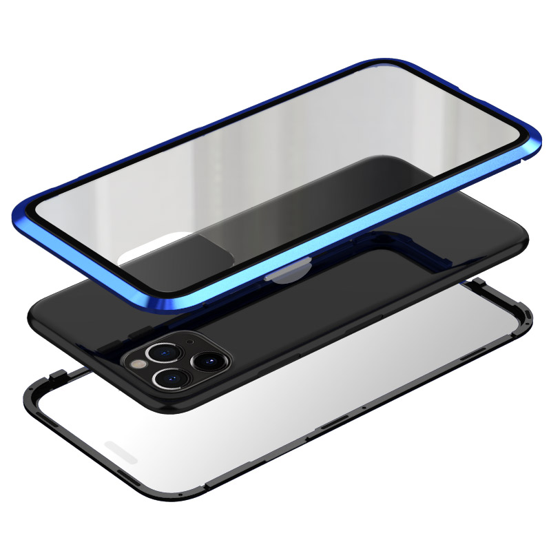 Moldura De Metal Magnético De Duas Cores Luphie + Concha Protetora De Vidro Temperado Para IPhone 11 Pro Max 6,5 Polegadas - Azul Preto