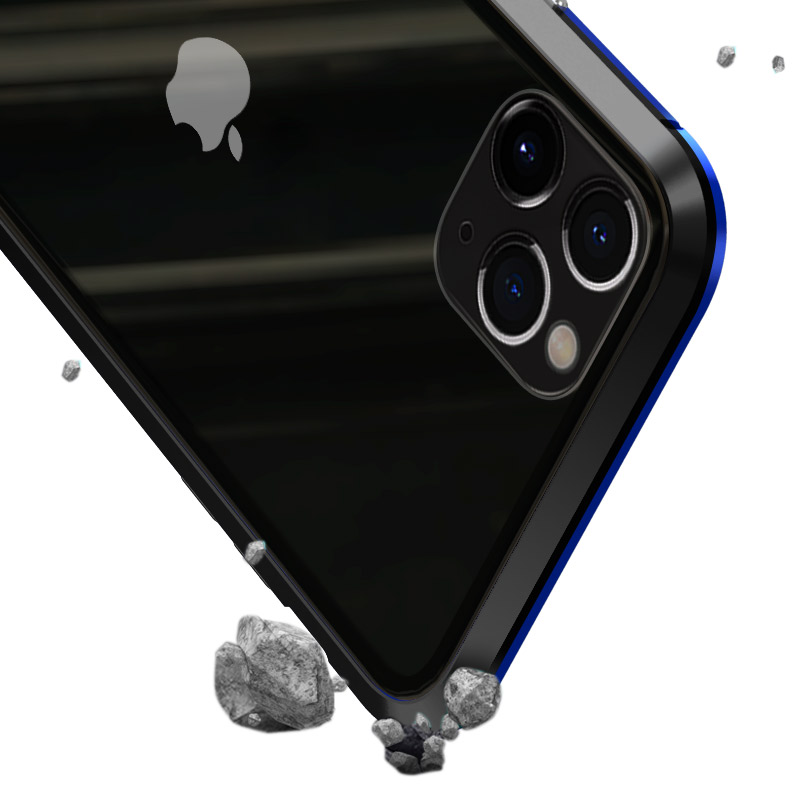 Moldura De Metal Magnético De Duas Cores Luphie + Concha Protetora De Vidro Temperado Para IPhone 11 Pro Max 6,5 Polegadas - Azul Preto