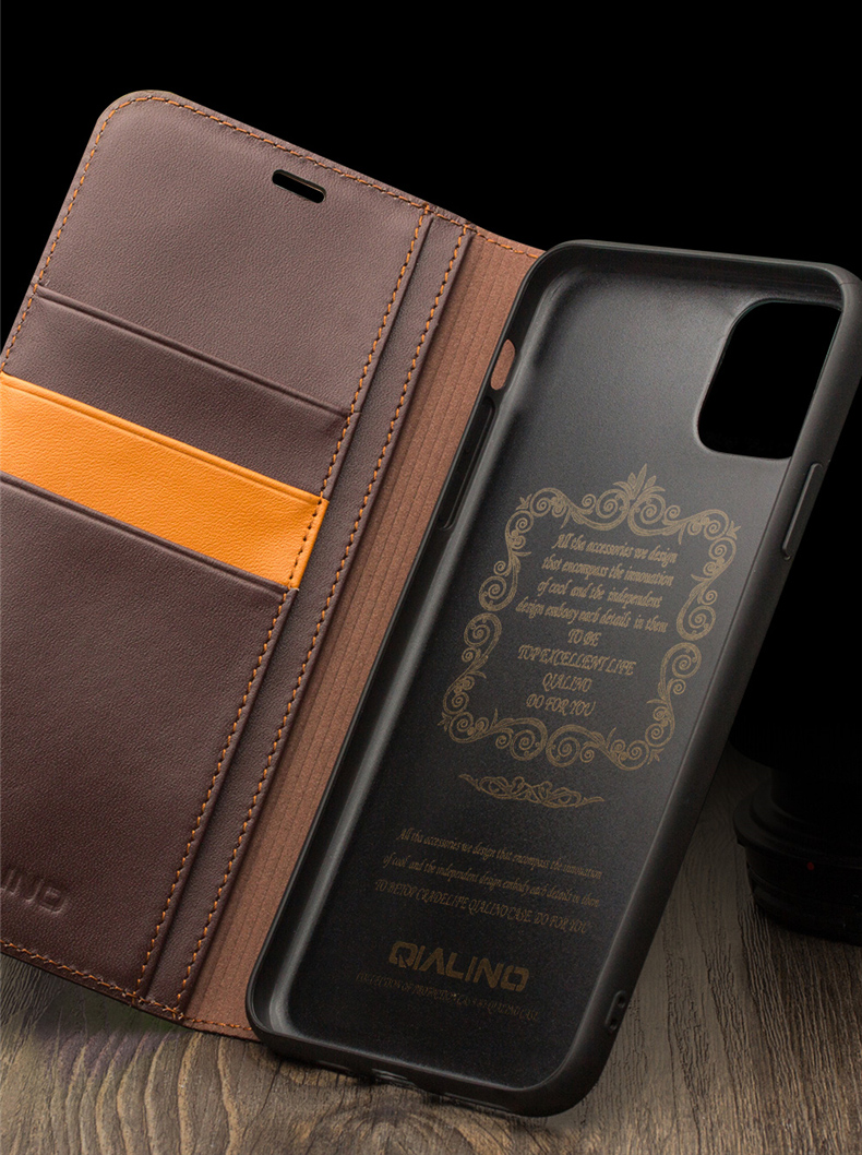 Qialino Para IPhone 11 Pro 5.8 Pulgadas Top Cuero De Vaca CUBIERTE CUBIERTA DE CUBIERTA DE CUBIERTA DE PROTECCIÓN COMPLETA FOLIO FLIP Caja - Negro