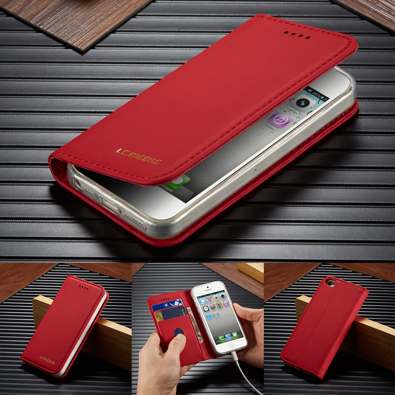 Lc. Imeeke LC-002 Couvrage en Cuir de Portefeuille Pour Iphone 5 / 5s / se - Rouge