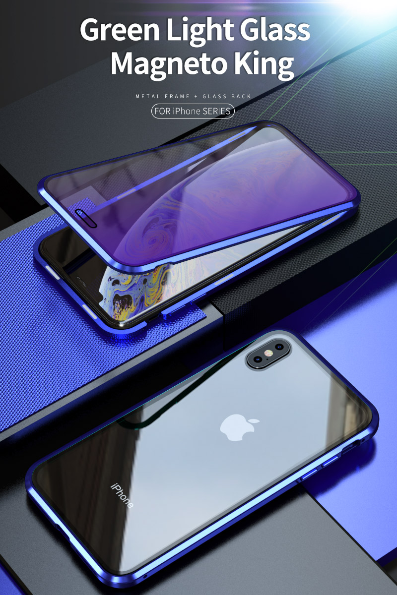 For iPhone XS Max 6.5 inch Blue Devil Series Metal Frame + Double-sided Tempered Glass Anti-blue-ray Case - Blue-1