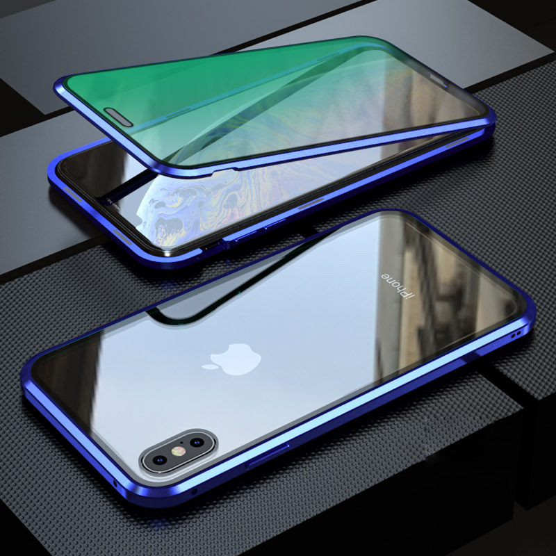 Yeux Soin Cadre Métallique Magnétique + Housse De Protection En Verre Trempé De Couverture Pour Iphone X / XS 5,8 Pouces - Bleu-2