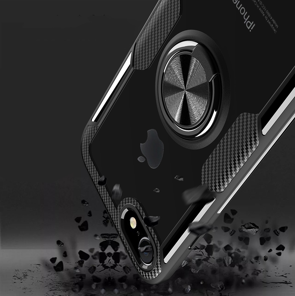 Para Iphone SE (2020)/SE (2022)/7/8 4.7 Pulgadas Anillo de Dedos TPU + PC + Carcasa de Lámina de Metal Magnético Incorporada de Metal - Todo Negro