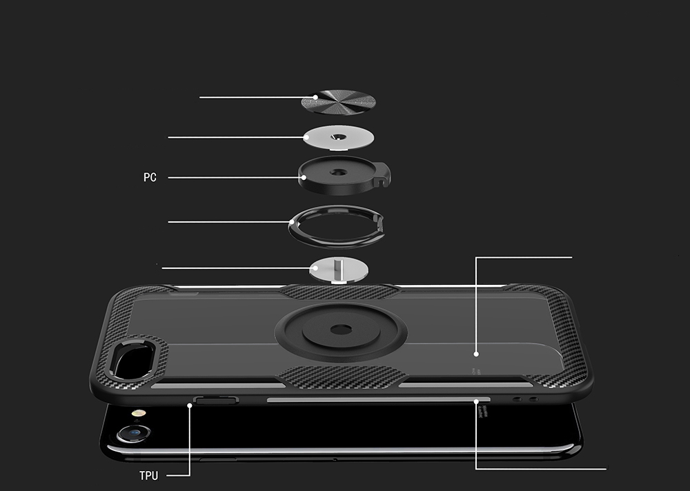 Para Iphone SE (2020)/SE (2022)/7/8 4.7 Pulgadas Anillo de Dedos TPU + PC + Carcasa de Lámina de Metal Magnético Incorporada de Metal - Todo Negro