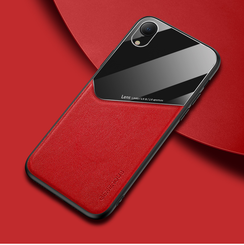 Caso Híbrido de Vidro Com Revestimento de Couro de Metal Magnético Embutido Para Iphone XR - Vermelho