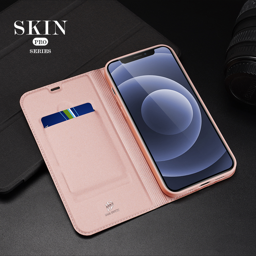 Dux Ducis Skin Pro Série Pro Limpa de Couro PU Flip Folio Capa Com Card Slot Para Iphone 12 Pro 6,1 Polegadas - Rosa Ouro