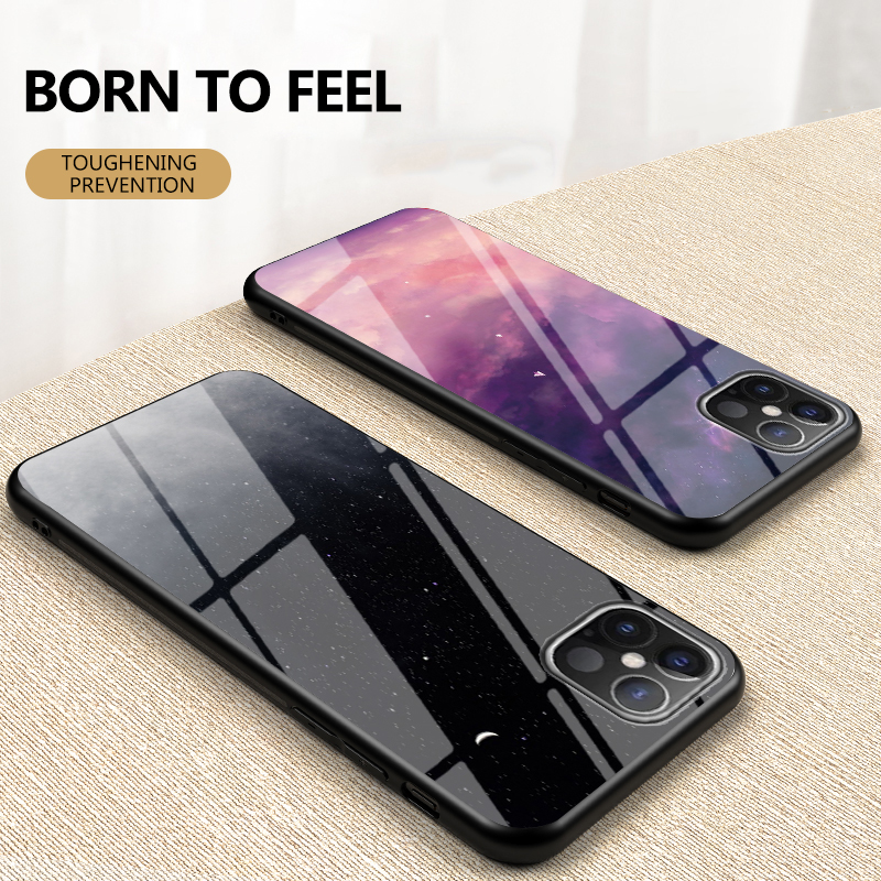 Glass Temprato Con Pattern Stellato + PC + TPU Hybrid Back Case Per Iphone 12 Pro Max 6,7 Pollici - Cielo Viola