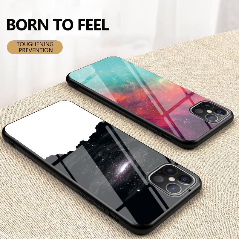 Glass Temprato Con Pattern Stellato + PC + TPU Hybrid Back Case Per Iphone 12 Pro Max 6,7 Pollici - Cielo Viola