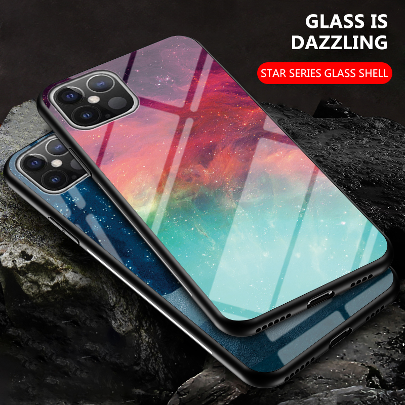 Glass Temprato Con Pattern Stellato + PC + TPU Hybrid Back Case Per Iphone 12 Pro Max 6,7 Pollici - Cielo Viola