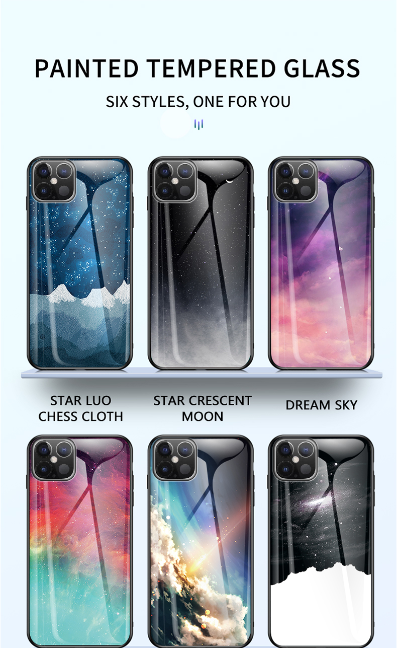 Estuche Híbrido de Vidrio Templado de Starry Sky Pattern + PC + TPU Para Iphone 12 Pro Max 6.7 Pulgadas - Cielo Púrpura