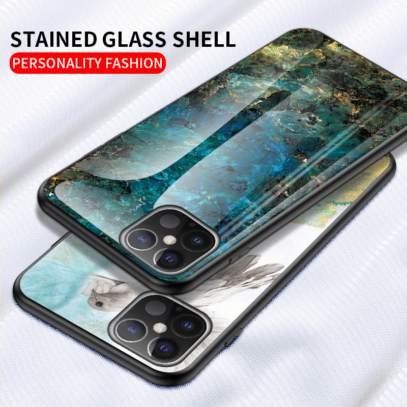 Modello di Grano in Marmo Glass Temperato PC + Custodia Ibrida TPU Per Iphone 12 Pro Max 6,7 Pollici - Bianca