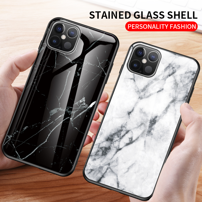 Modello di Grano in Marmo Glass Temperato PC + Custodia Ibrida TPU Per Iphone 12 Pro Max 6,7 Pollici - Bianca