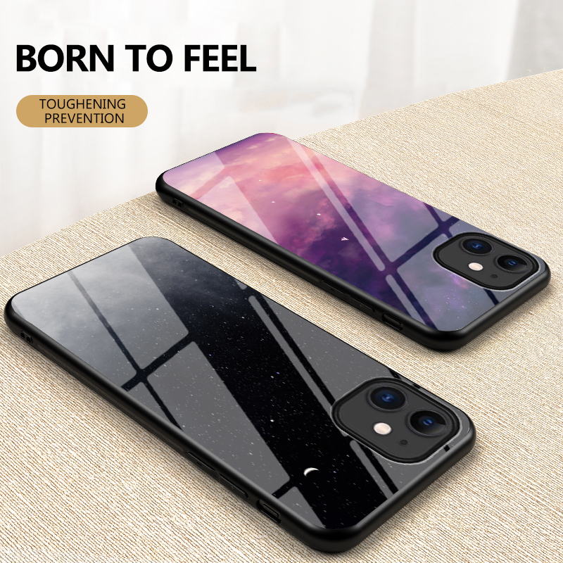 Modèle De Ciel Étoilé Verre Trempé + PC + TPU Combo Back Case Pour IPhone 12 Mini - Météore