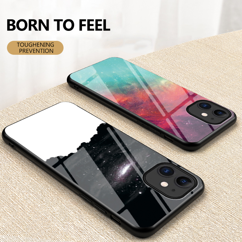 Céu Estrelado Padrão Temperado Vidro + Pc + Tpu Combo Caso De Volta Para Iphone 12 Mini - Céu Colorido