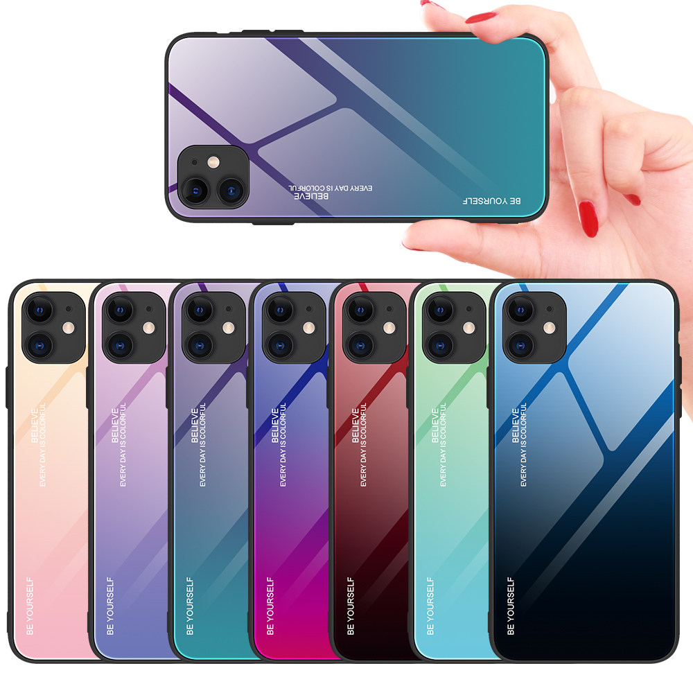 Verre Trempée de la Couleur du Gradient + PC + Étui Hybride TPU Pour Iphone 12 Pro / 12 - Cyan / Bleu