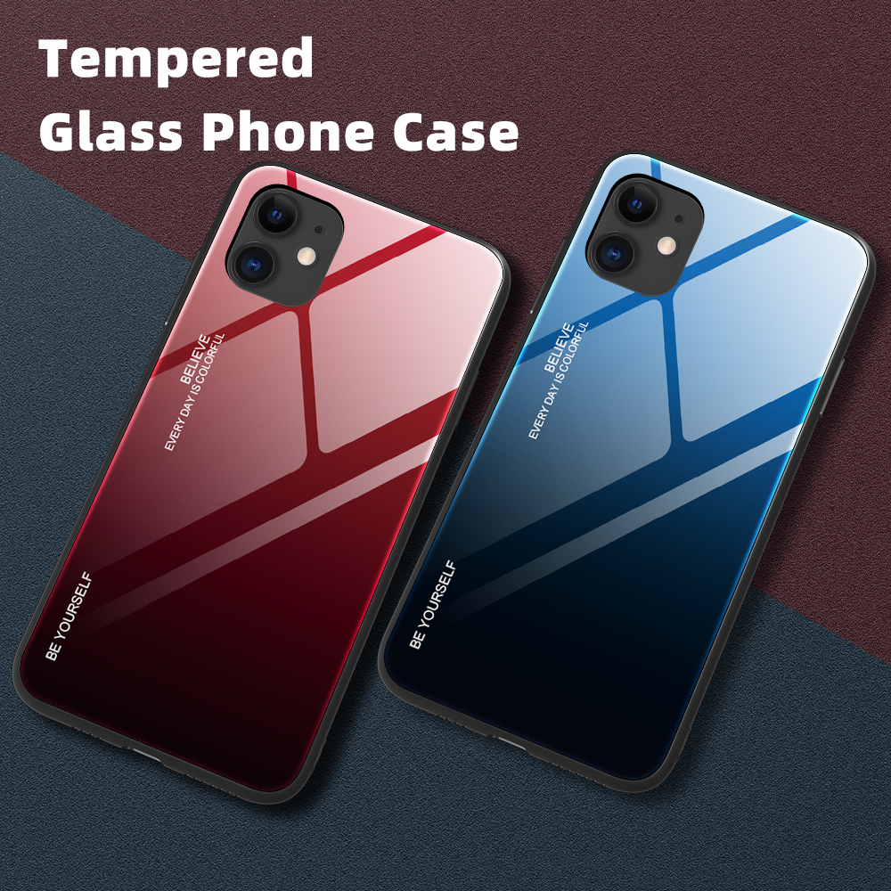 Vetro Temperato a Guscio a Colori Gradiente + PC + Custodia Ibrida TPU Per Iphone 12 Pro/12 - Ciano / Blu