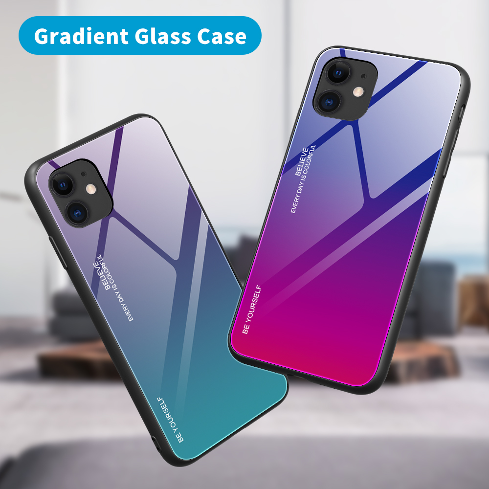 Gräuliche Farbschale Temperiertes Glas + PC + TPU Hybrid -hülle Für Iphone 12 Pro/12 - Cyan / Blau