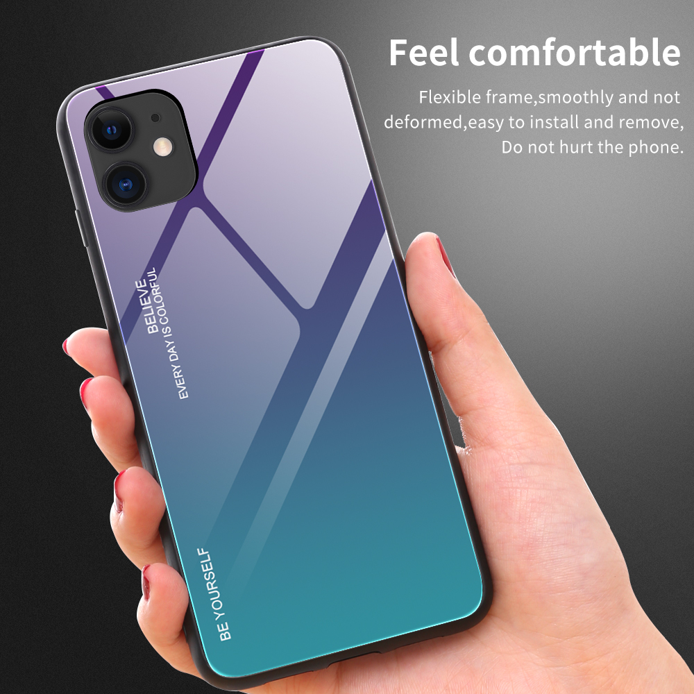 Verre Trempée de la Couleur du Gradient + PC + Étui Hybride TPU Pour Iphone 12 Pro / 12 - Cyan / Bleu