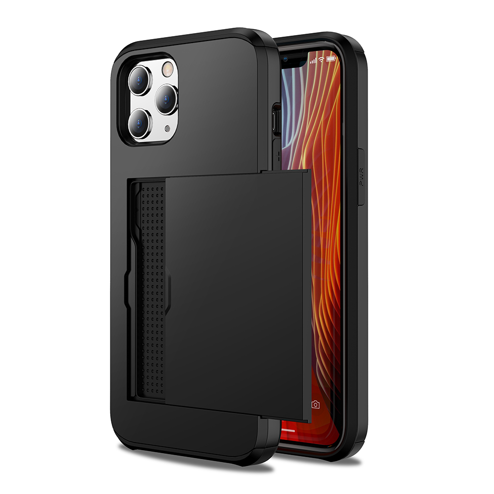 Pour Iphone 12 Pro / 12 Anti-scratch Durable Durable Profosting Duppolp Phone Sac Couvrir la Carte de Diapositives Plastique Plastique + TPU Hybrid Shell Téléphone Cover Cover Cover - le Noir