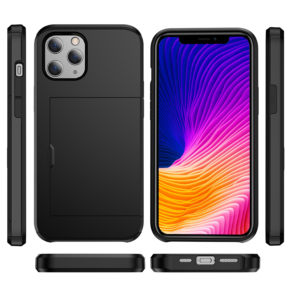 Pour Iphone 12 Pro / 12 Anti-scratch Durable Durable Profosting Duppolp Phone Sac Couvrir la Carte de Diapositives Plastique Plastique + TPU Hybrid Shell Téléphone Cover Cover Cover - le Noir