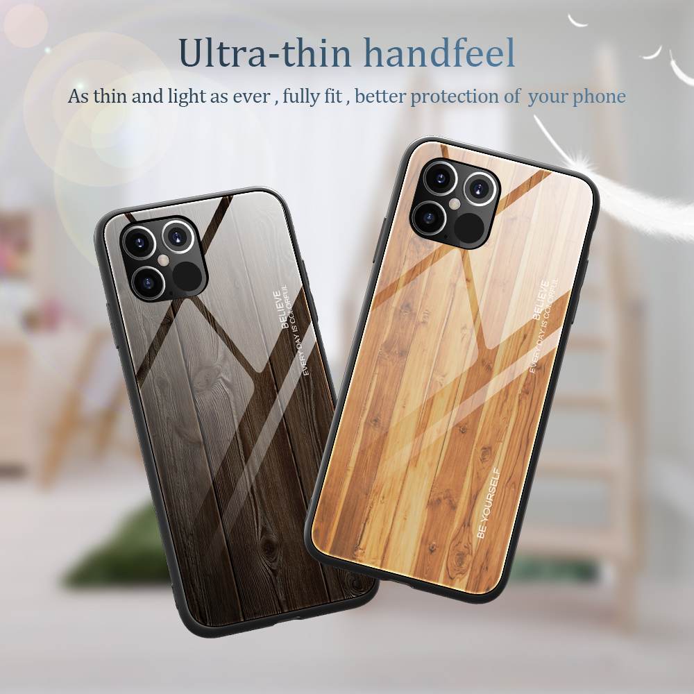 Holzhaut Tpu+temperierte Glasschale Für Iphone 12 Pro/12 - Kaffee