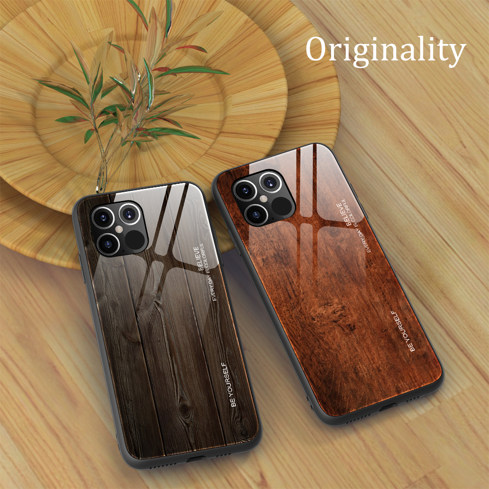 Skin Wood Skin Tpu+guscio di Vetro Temperato Per Iphone 12 Pro/12 - Caffè