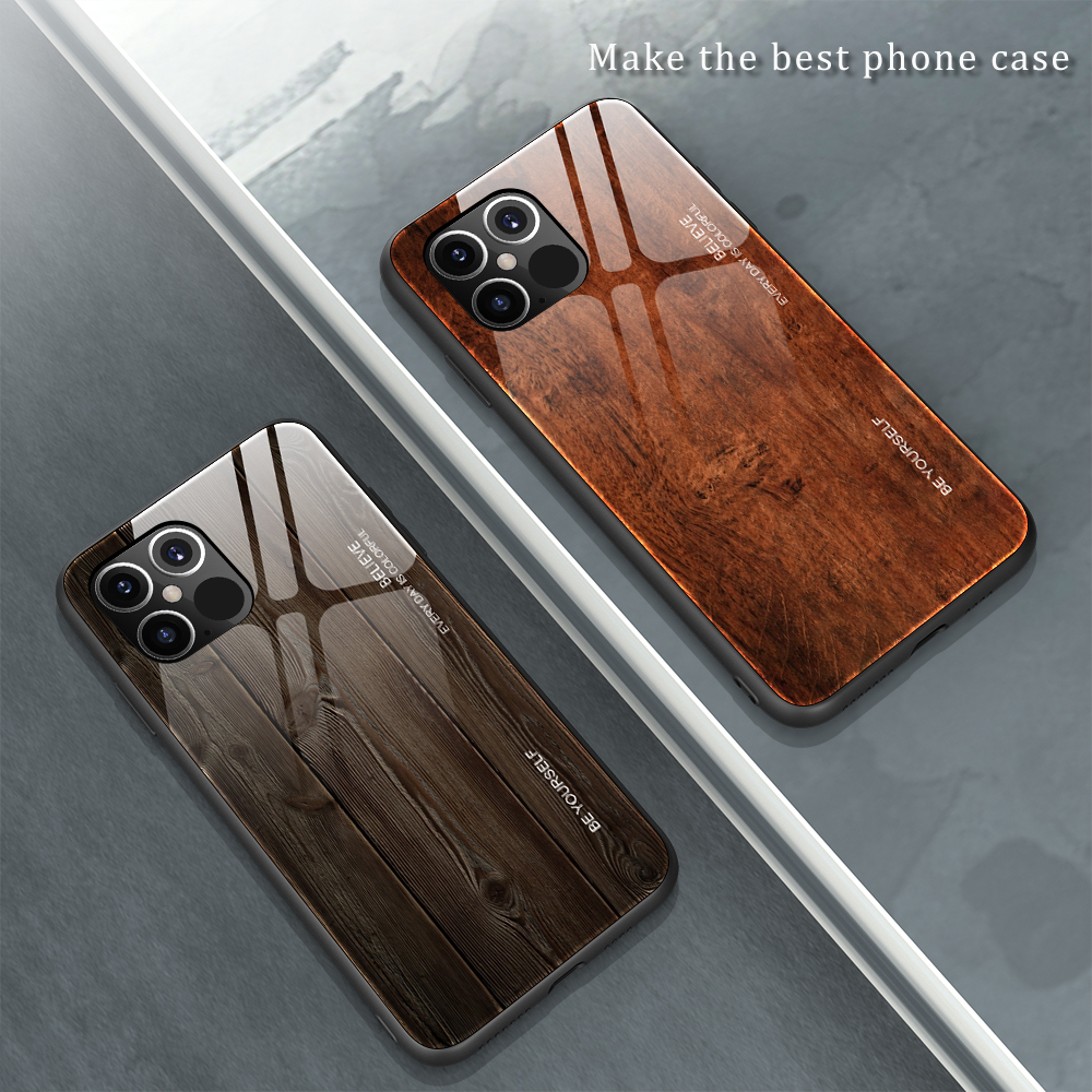 Skin Wood Skin Tpu+guscio di Vetro Temperato Per Iphone 12 Pro/12 - Caffè