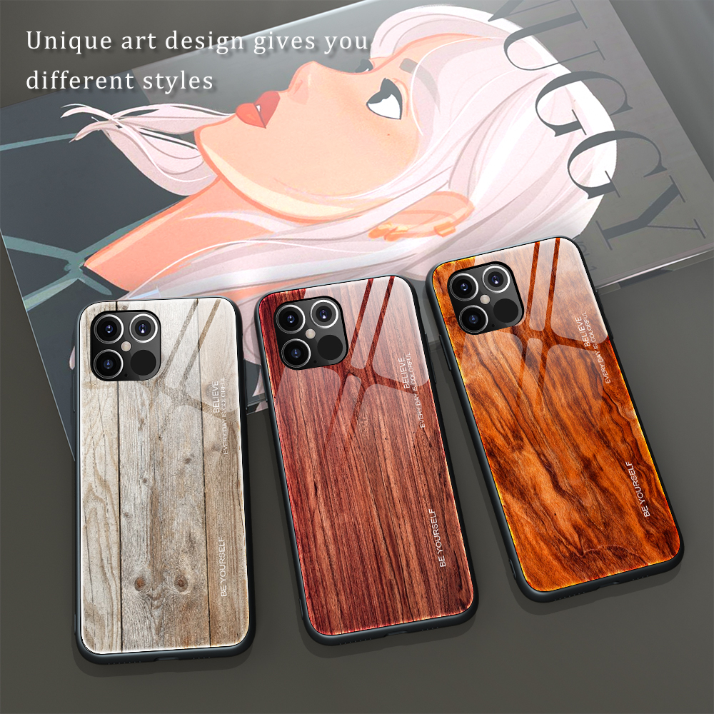 Tpu de Peau en Bois + Coque en Verre Trempé Pour Iphone 12 Pro / 12 - Café