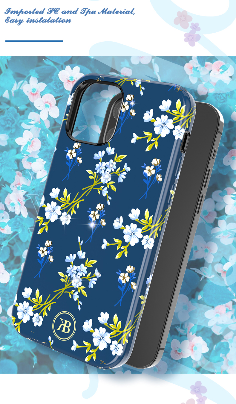 Kingxbar Pattern Printing PC+TPU Telephip Para Iphone 12 Mini 5.4 Pulgadas - Flor Azul