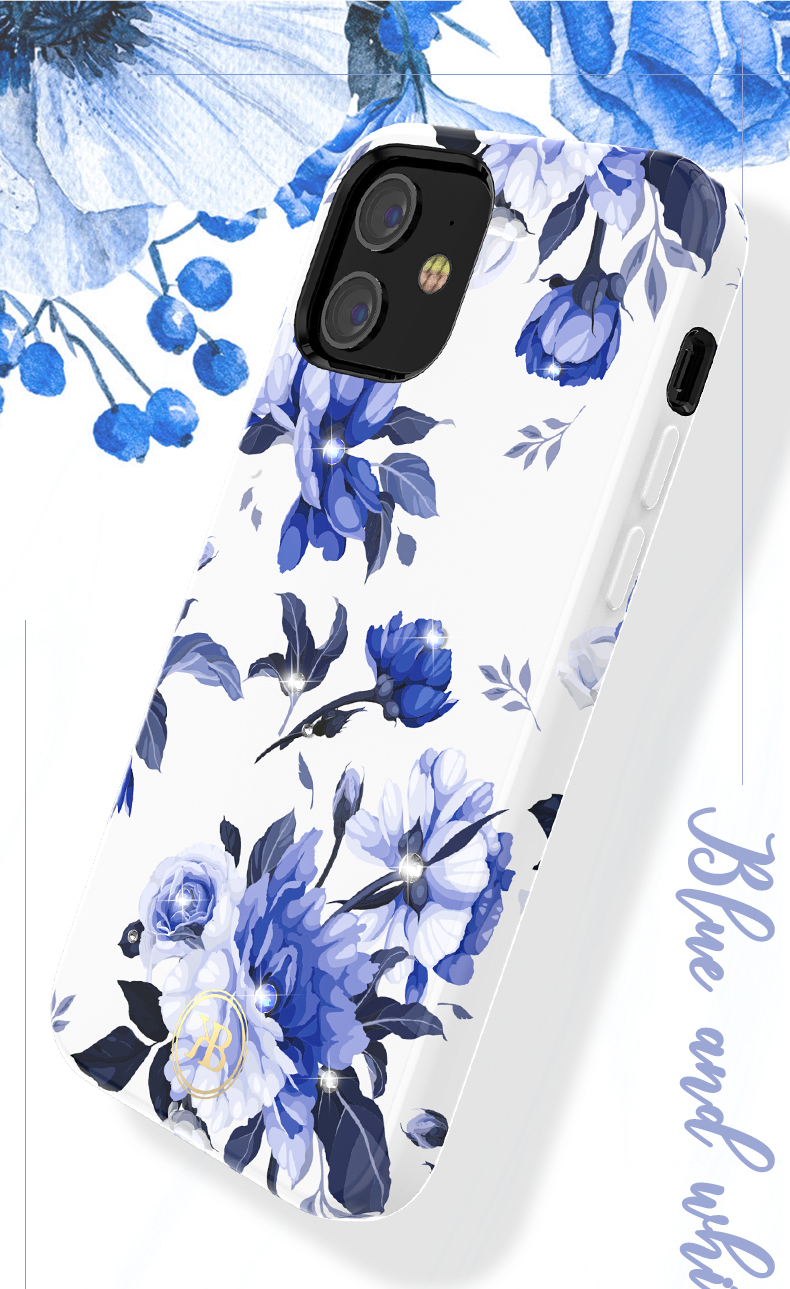 Kingxbar Pattern Printing PC+TPU Telephip Para Iphone 12 Mini 5.4 Pulgadas - Flor Azul