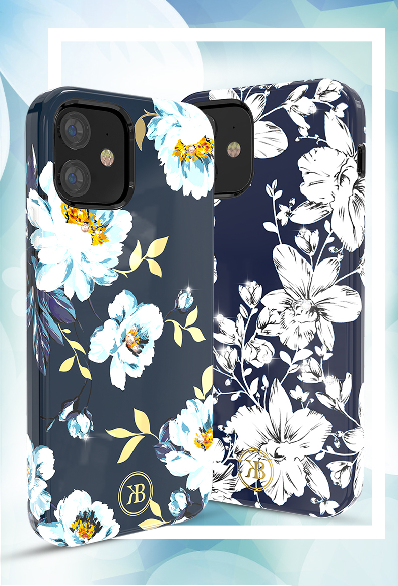 Kingxbar Pattern Printing PC+TPU Telephip Para Iphone 12 Mini 5.4 Pulgadas - Flor Azul