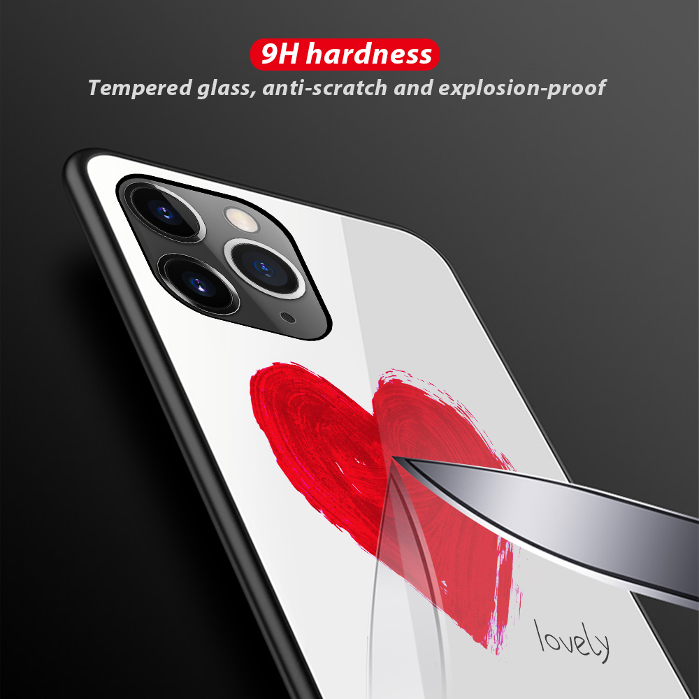 Impression de Motif en Verre Trempé + Étui de Téléphone TPU Pour Iphone 12 Mini - Cœur D'amour / Noir