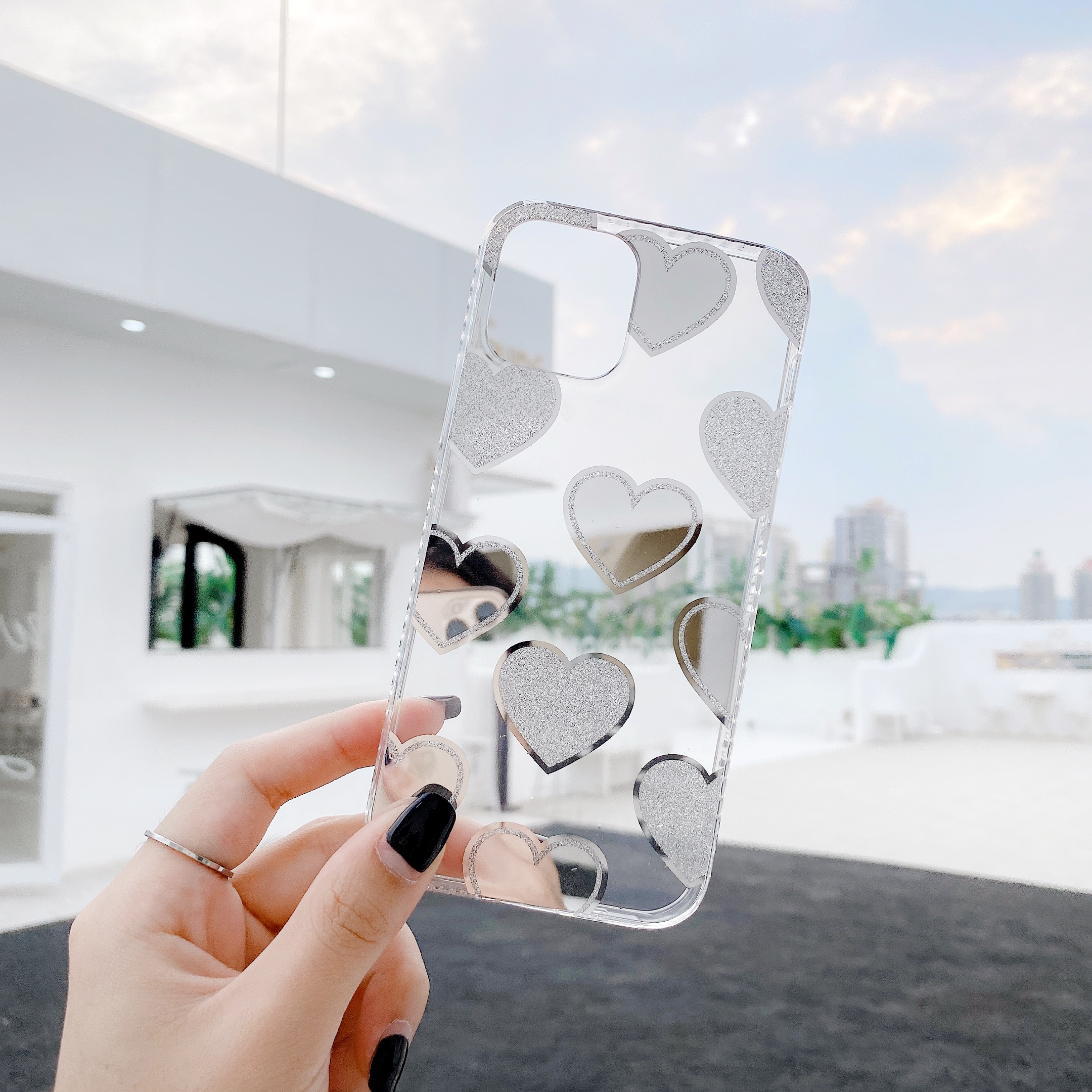 Love Heart Dot Pattern Shell TPU Shell for iPhone 12 Pro Max 6.7 inch - Love Heart/Silver-2