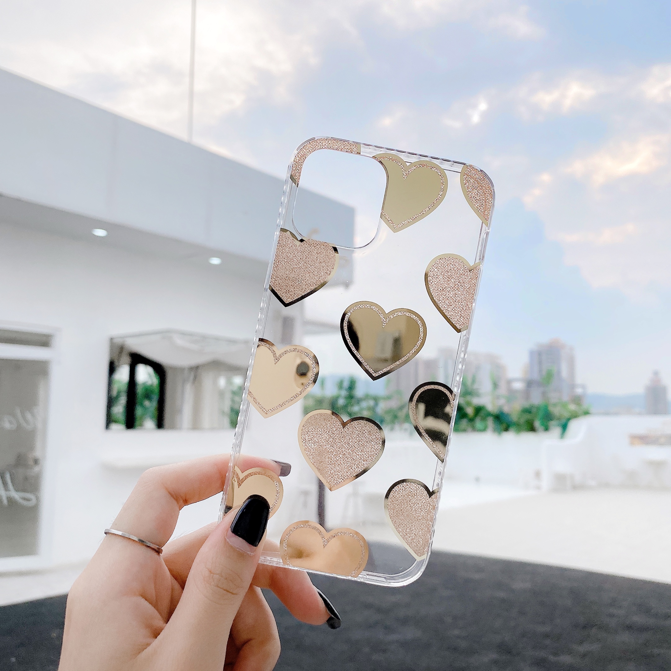 Love Heart Dot Pattern Shell TPU Shell for iPhone 12 Pro Max 6.7 inch - Love Heart/Gold-2
