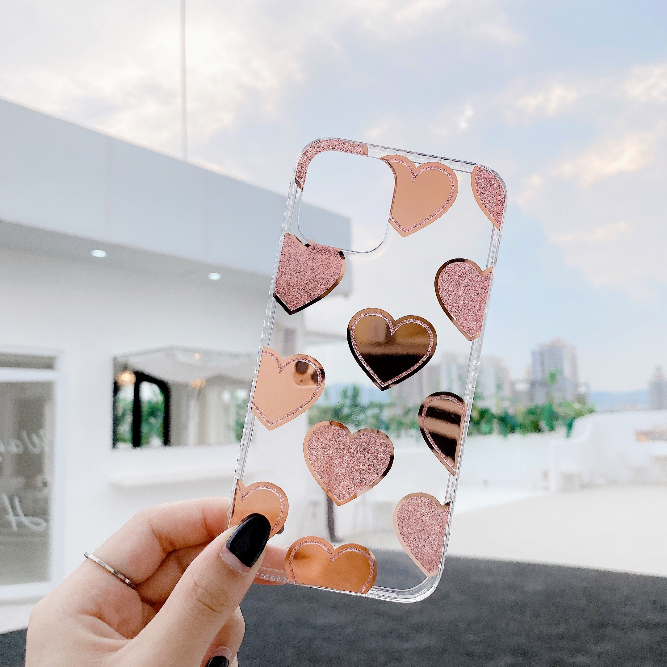 Love Heart Dot Pattern Shell TPU Shell for iPhone 12 Pro Max 6.7 inch - Love Heart/Rose Gold-2