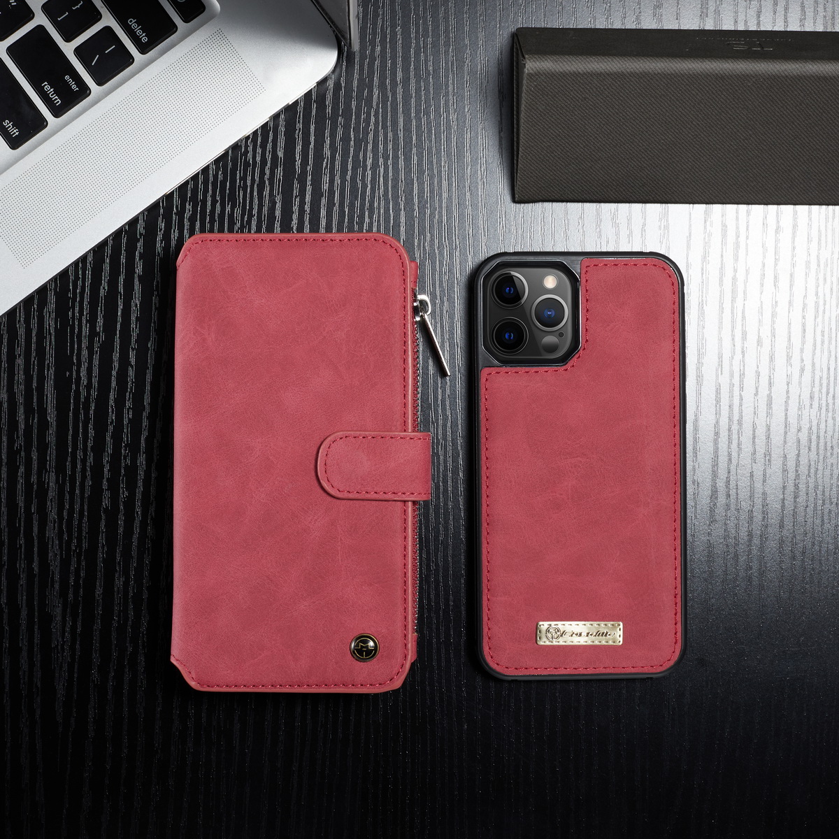 Caseme 007 Serie Split Leder 2-in-1 Abnehmbare Multifunktions-Geldbörsen-Gehäuseständer Stoßfest Reißverschluss Geldbörse Für IPhone 12/12 Pro 6,1 Zoll - Schwarz