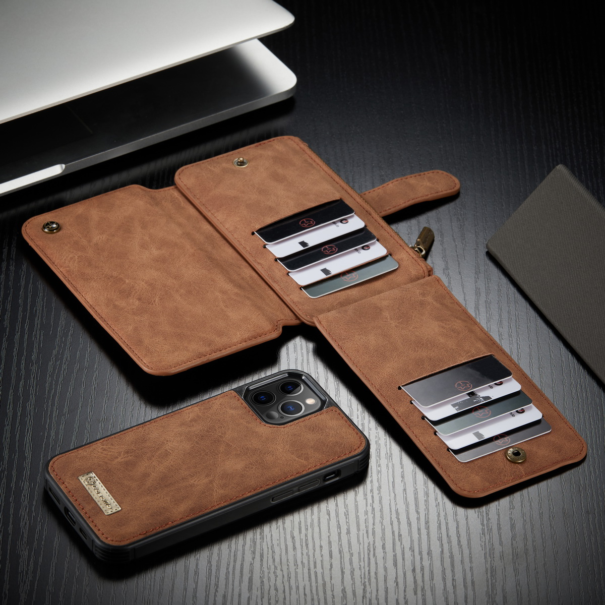 Caseme 007 Serie Split Leder 2-in-1 Abnehmbare Multifunktions-Geldbörsen-Gehäuseständer Stoßfest Reißverschluss Geldbörse Für IPhone 12/12 Pro 6,1 Zoll - Schwarz