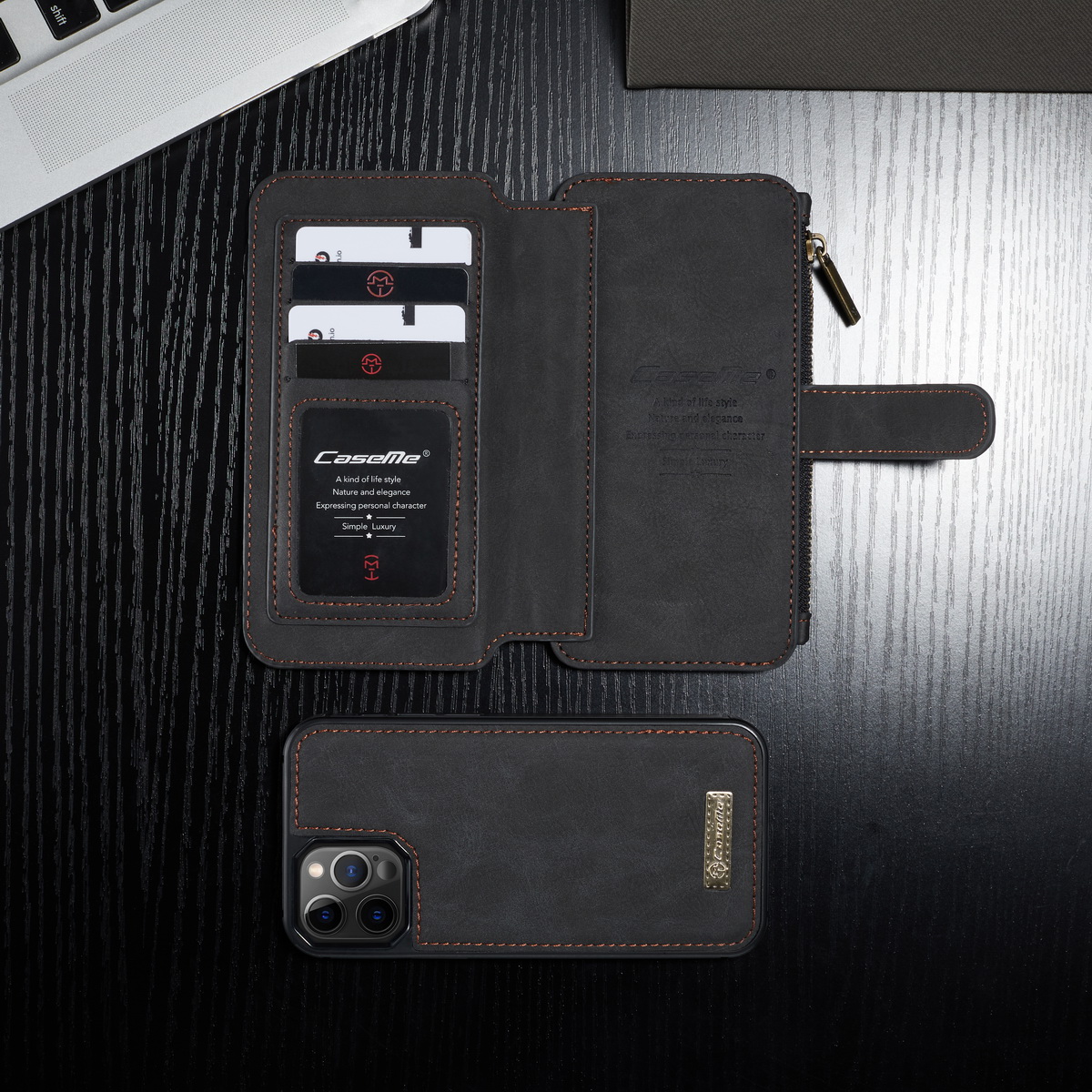 Caseme 007 Serie Split Leder 2-in-1 Abnehmbare Multifunktions-Geldbörsen-Gehäuseständer Stoßfest Reißverschluss Geldbörse Für IPhone 12/12 Pro 6,1 Zoll - Schwarz