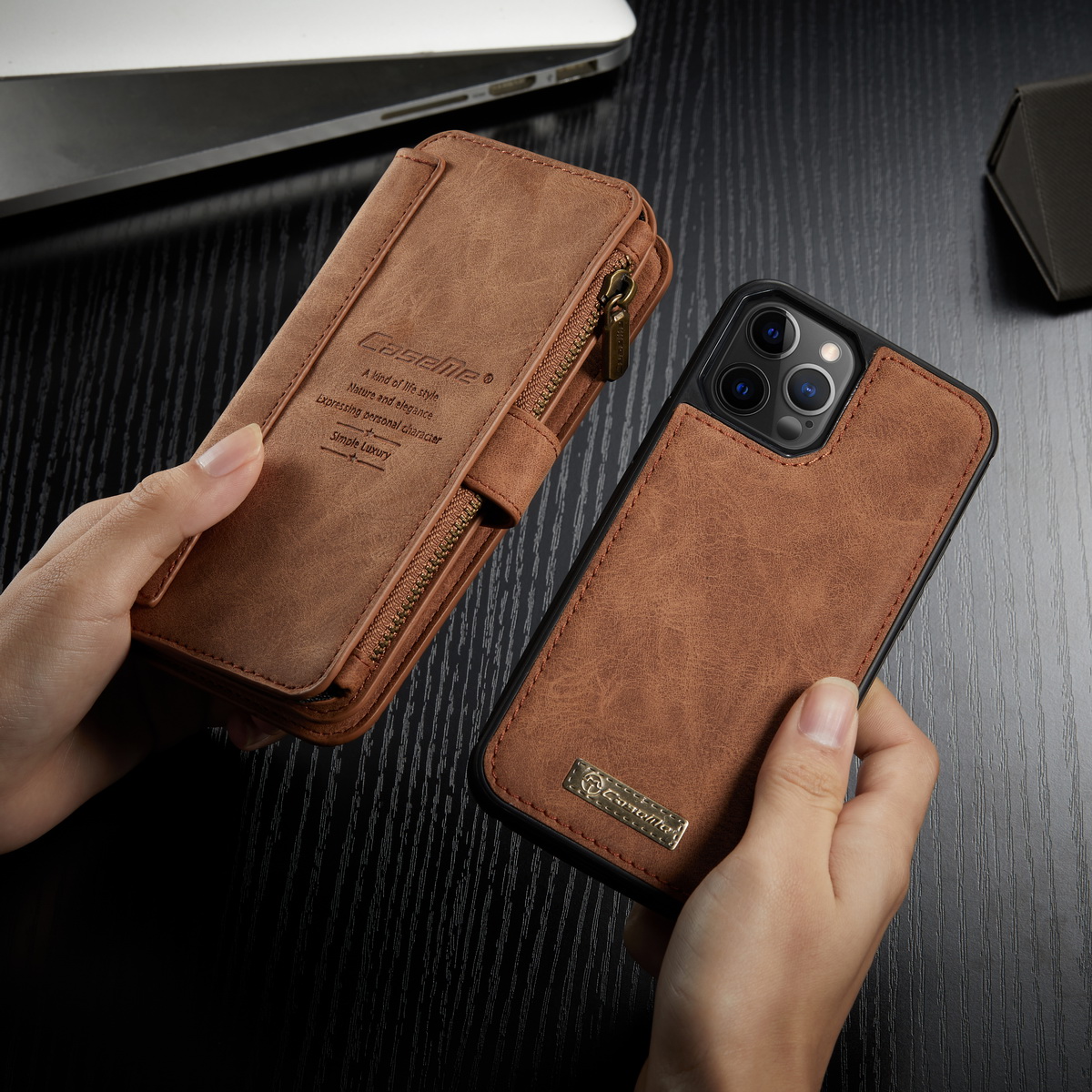 Caseme 007 Serie Split Leder 2-in-1 Abnehmbare Multifunktions-Geldbörsen-Gehäuseständer Stoßfest Reißverschluss Geldbörse Für IPhone 12/12 Pro 6,1 Zoll - Schwarz