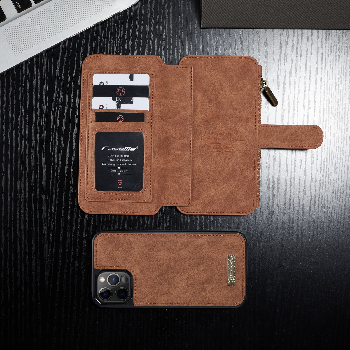 Caseme 007 Serie Split Leder 2-in-1 Abnehmbare Multifunktions-Geldbörsen-Gehäuseständer Stoßfest Reißverschluss Geldbörse Für IPhone 12/12 Pro 6,1 Zoll - Schwarz